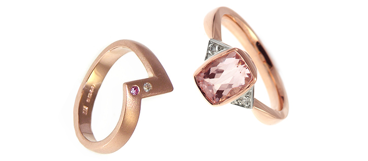 Rose gold and pink sapphire engagement and wedding rings