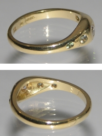 flush engagement ring with diamond, green sapphires and tourmalines