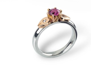 Lotus flower inspired rhodolite garnet engagement ring