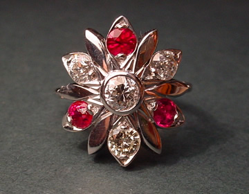 Bespoke flower inspired cluster ruby and diamond engagement ring