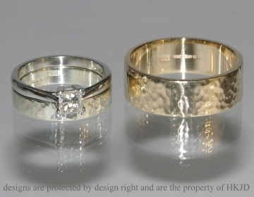 Pair of 9ct gold commissioned wedding rings with hammered finish