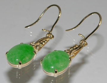 Pair of 9ct yellow gold commissioned earrings with oval Jadite