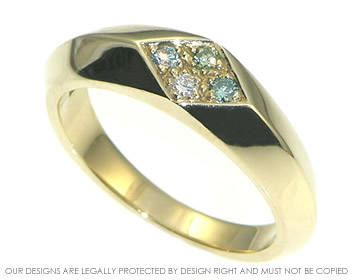 9ct yellow gold engagement ring with coloured heat-treated grain set diamonds. 