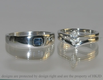 Pair of Rhodium plated 18ct white gold commissioned engagement ring and fitted wedding rings