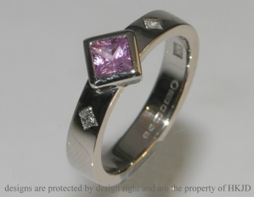 18ct white gold commissioned engagement ring with a pink sapphire 