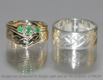 Bespoke Sterling silver and 9 ct yellow gold bands with Celtic design.