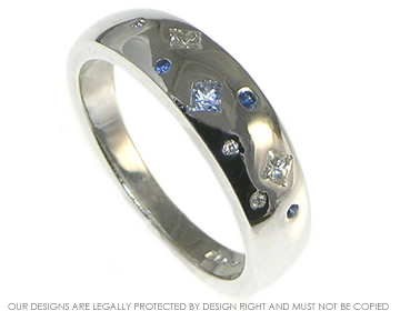 9ct white gold eternity ring with princess and brilliant cut scatter set sapphires and diamonds.