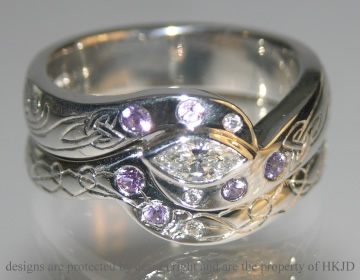 Bespoke platinum engagement ring and wedding band with lilac sapphires and diamonds