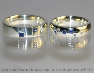 Bespoke pair of 9ct white gold wedding rings with sapphires and diamonds