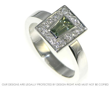 18ct white gold green sapphire engagement ring with pave diamonds