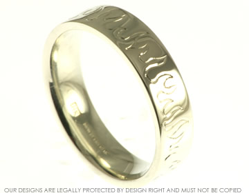 Bespoke 9ct white gold wedding ring with engraved flame design