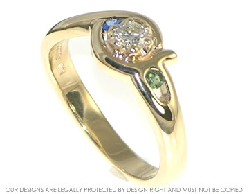 9ct yellow gold initals inspired dress ring, with 
H SI diamond and blue sapphire and  green tourmaline.