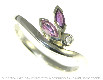 Pink sapphire and diamond dragonfly inspired white gold ring