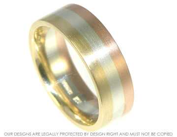 9ct white, yellow and rose gold wedding ring with a satinised finish