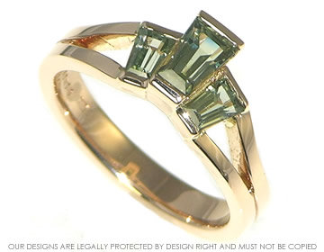 Bespoke rose gold green sapphire Art Deco inspired engagment ring with green sapphires.