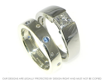 9ct white gold wedding ring with scattered diamonds and sapphires