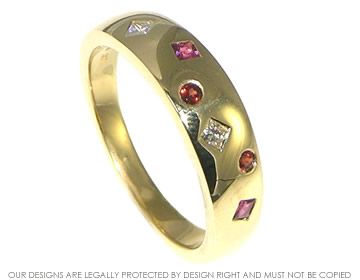 Bespoke 18ct yellow gold eternity ring with garnets, diamonds and rubies.