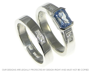 White gold sapphire and diamond engagement and wedding ring set