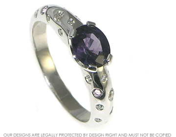 White gold purple sapphire and diamond ring inspired by the night sky