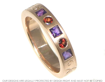 Rose gold engagement ring incorporating amethyst and garnets