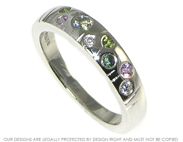 Bespoke meadow inspired eternity ring with diamonds and green and lilac ...