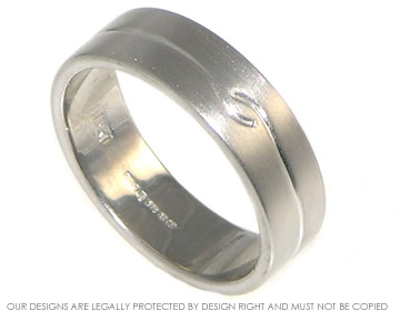 9ct white gold mans wedding ring with engraved line and satin finish 