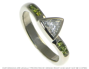 Bespoke 18ct white gold trillion cut 0.44ct G SI diamond and tourmaline engagement ring