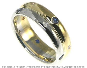 An 18ct yellow and white gold combined eternity and wedding ring with scatter set sapphires 0.49ct  and diamonds 0.10ct invisibly set, using the customer's own stones.