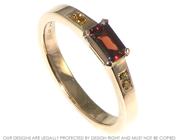 Bespoke 18ct rose gold, garnet and heat-treated cognac diamond engagement ring