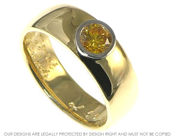 18ct yellow gold gentlemans ring with a palladium bezel setting holding a 6mm 0.78ct Canary yellow diamond (customer's own).