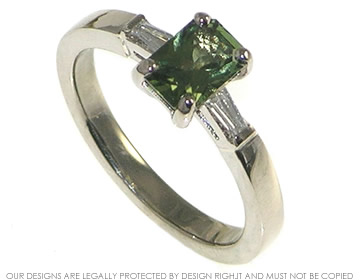 18ct white gold ring with scissor cut green sapphire and diamonds 