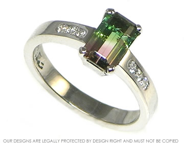 Platinum watermelon tourmaline engagement ring with side diamonds