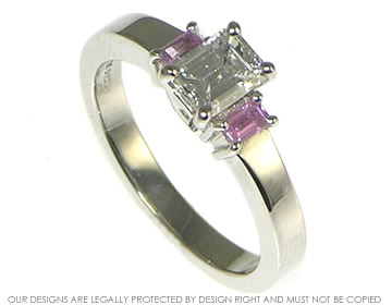 Platinum, diamond and pink sapphire engagement ring.  