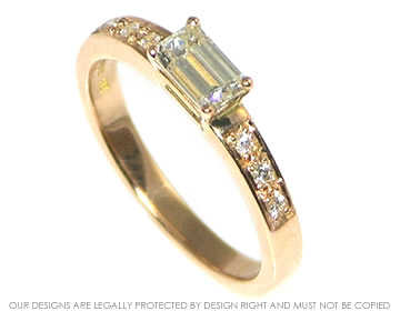 18ct rose gold and emerald cut diamond engagement ring with pave shoulder settings