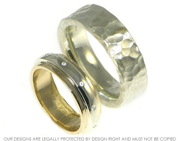 A pair of 9ct white and yellow gold wedding rings. 