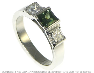 Platinum three stone princess cut green sapphire and diamond ring