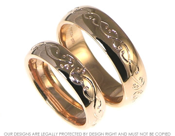 Bespoke pair of engraved 9ct rose gold commitment rings.