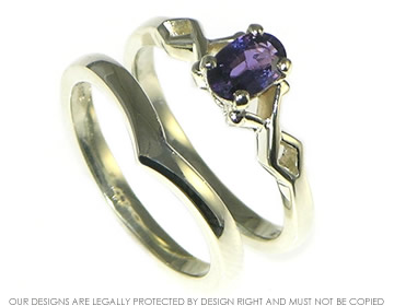 Bespoke 9ct white gold engagement and wedding ring set with a deep purple sapphire