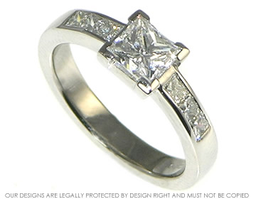 Bespoke Platinum engagement ring with F VVS2 0.72ct princess cut diamond and six shoulder diamonds 