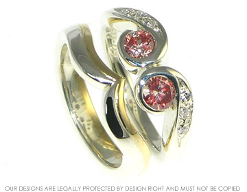 Bespoke volcano inspired heat-treated red diamond engagement and wedding ring set