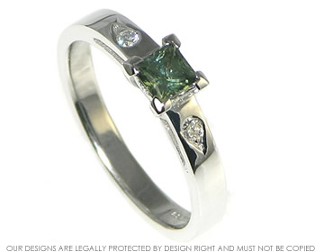 18ct white gold, 0.40ct natural African green sapphire and grain set diamond engagement ring