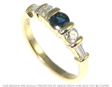 Bespoke 9ct yellow gold ring incorporating cutomers own brilliant cut sapphire and diamonds.