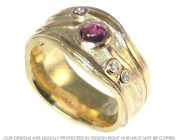 Bespoke 9ct yellow gold and rose gold Rhodalite garnet dress ring. 