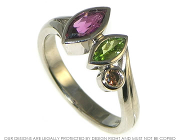 Bespoke 18ct white gold with green, plum tourmaline and cognac