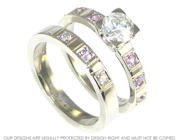 Palladium wedding band with diamonds and lilac sapphires. 