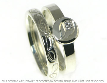 Bespoke 9ct white gold wedding ring with leaf engraving