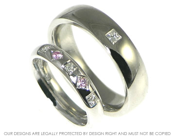 A pair of bespoke 9ct white gold and palladium wedding rings. 