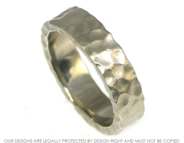 Bespoke 18ct white gold mans hammered wedding ring.