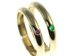 pair of bespoke 9ct yellow gold eternity rings with ruby and emerald for jacqueline