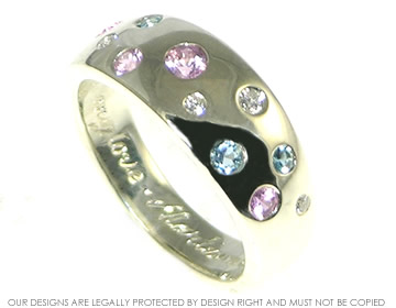 Bespoke 9ct white gold pink sapphire, aquamarine and diamond scatter set wedding ring 